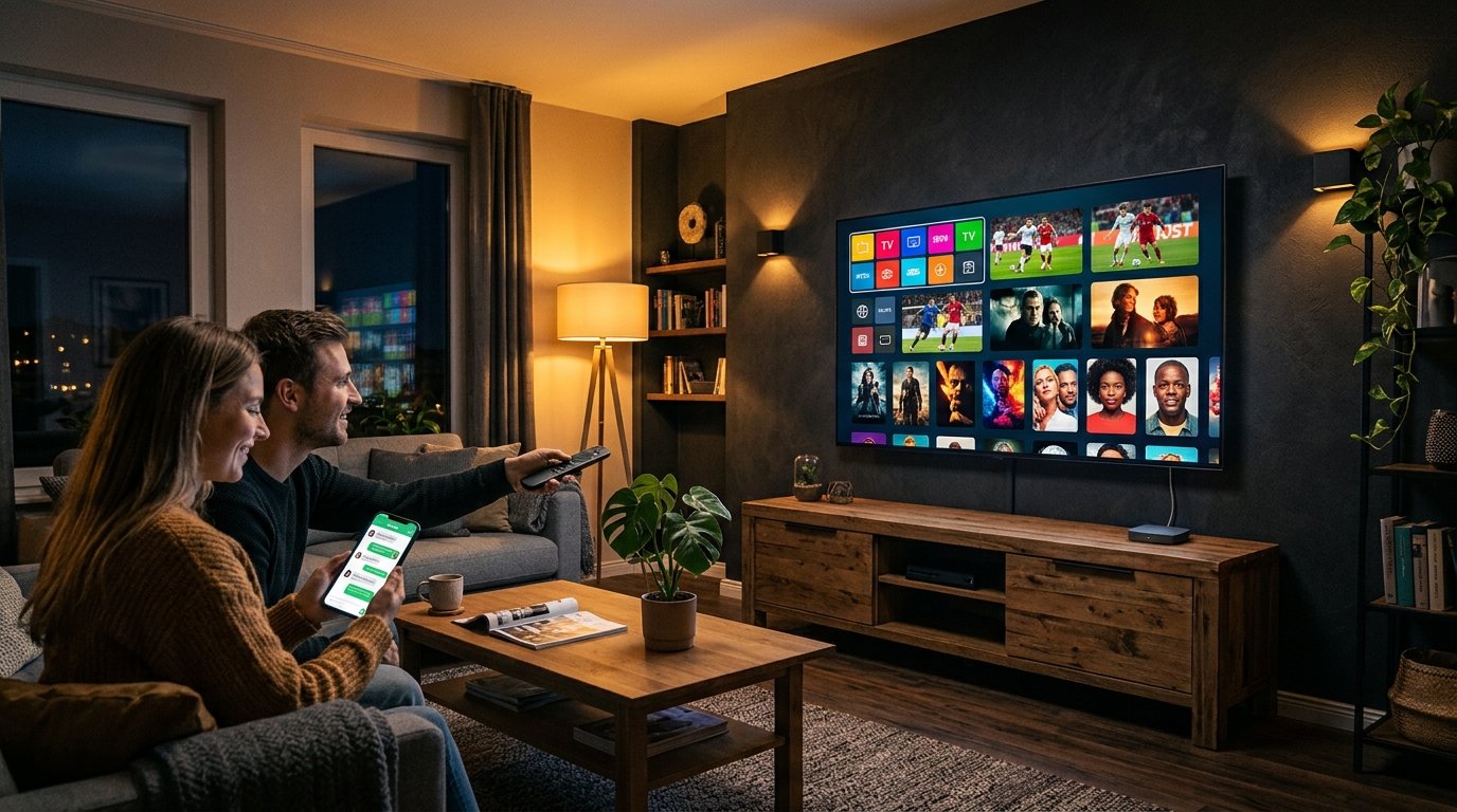 IPTV kostenlos testen – Paar startet Live-Fußball auf dem Smart TV
