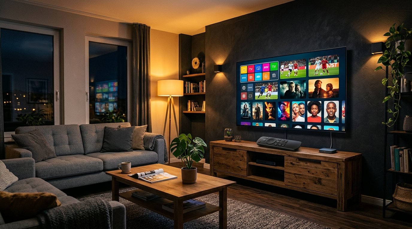 IPTV kaufen – Smart TV mit IPTV-Startseite im Wohnzimmer